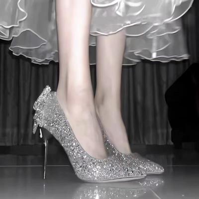 2025 New Thin Heel 18-year-old Adult Gift Crystal Sequined Diamond Bow Wedding Dress Bridal Wedding Shoes High Heels