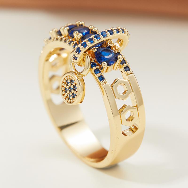 Luxury Vintage Female Royal Blue Zircon Stone Ring Round Dangle Ring Fashion Engagement Zircon Gifts New  Arrival