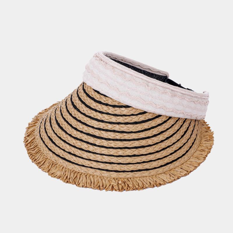 Handmade Raffia Sun Visor Women Foldable Wide Brim Beach Hat Frayed Edge Striped Straw Hat UV Protection Ponytail Friendly Cap