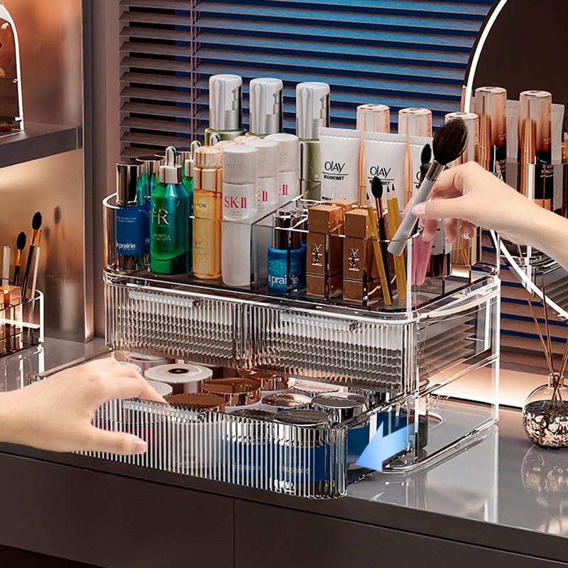 Elegancki dwuwarstwowy pyłoszczelny organizer na kosmetyki z uchylnym wiekiem na makijaż i pielęgnację skóry.