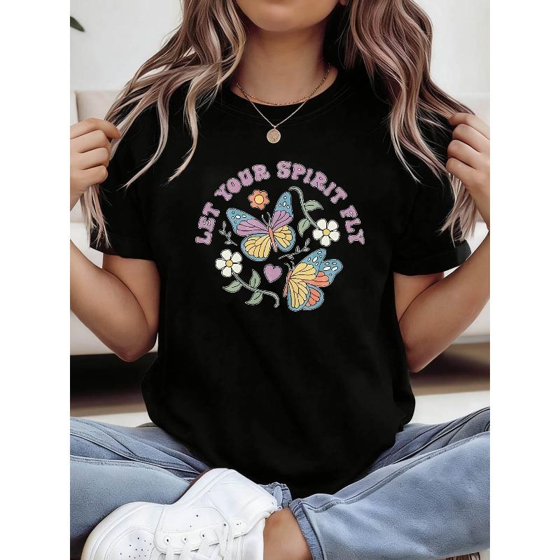 

Women s Plus Size LET YOUR SPIRIT FLY T-Shirt - Hippie Style Short Sleeve Crew Neck Top with Uplifting Slogan Print, 4XL чорний