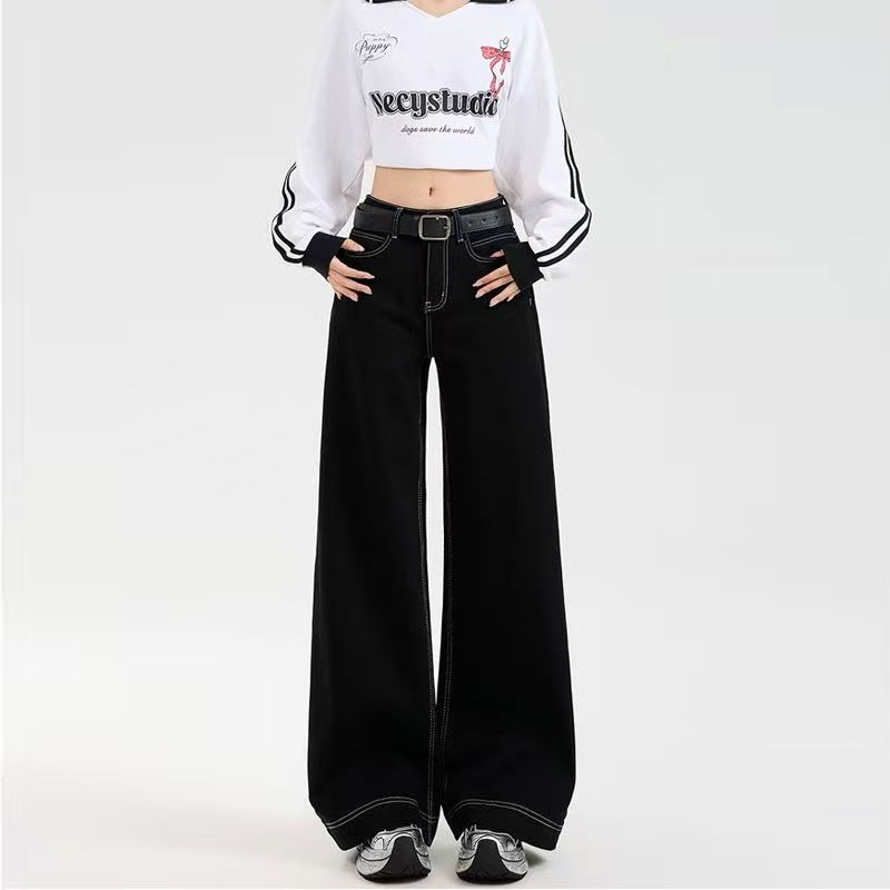 

Design Sense of The Dark Blue Wide-legged Jeans Women High-waisted A-line Loose Crotch-shading Skinny Straight Pants Retro Baggy Long Jeans for Ladies 4XL