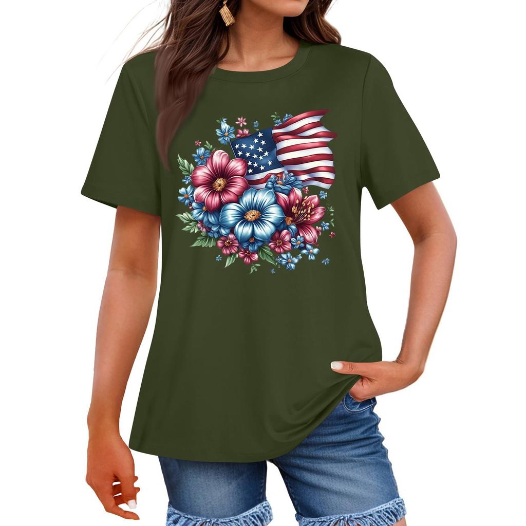 Damenmode Unabhängigkeitstag Bedrucktes Rundhals Kurzarm Freizeit T-Shirt Top