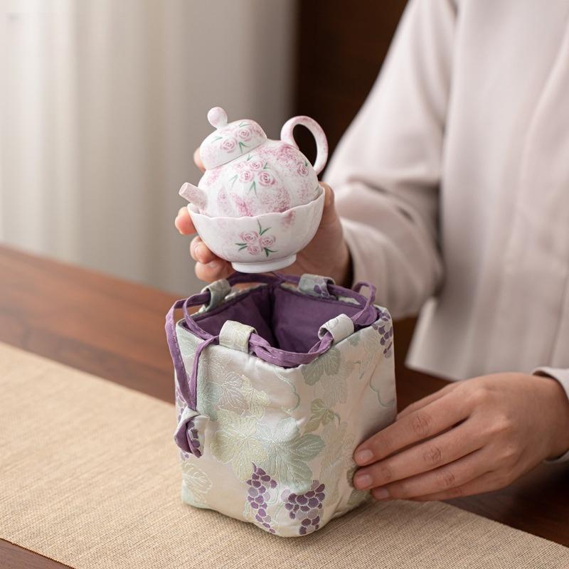 Hand Drawn Rose Ceramic Kung Fu Tea Set, One Pot, One Cup, Handmade Tea Pot, Tea Cup, Outdoor Portable Set
