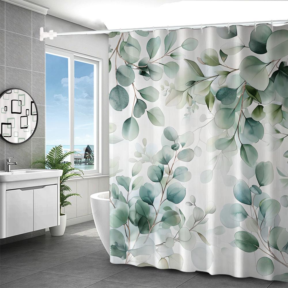 1Pc Green Leaf Eucalyptus Print Polyester Shower Curtain, Machine Washable, Art Theme, With Hooks, For Bathroom