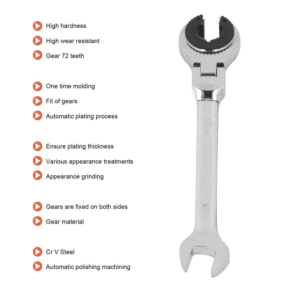 Flex Head Ratchet Combination Wrench 12mm Flare Nut Flex Gear Wrench Flexible Head Gear Wrench for Fuel, Brake, Air Conditioning Pipe Nuts 72 Teeth Op