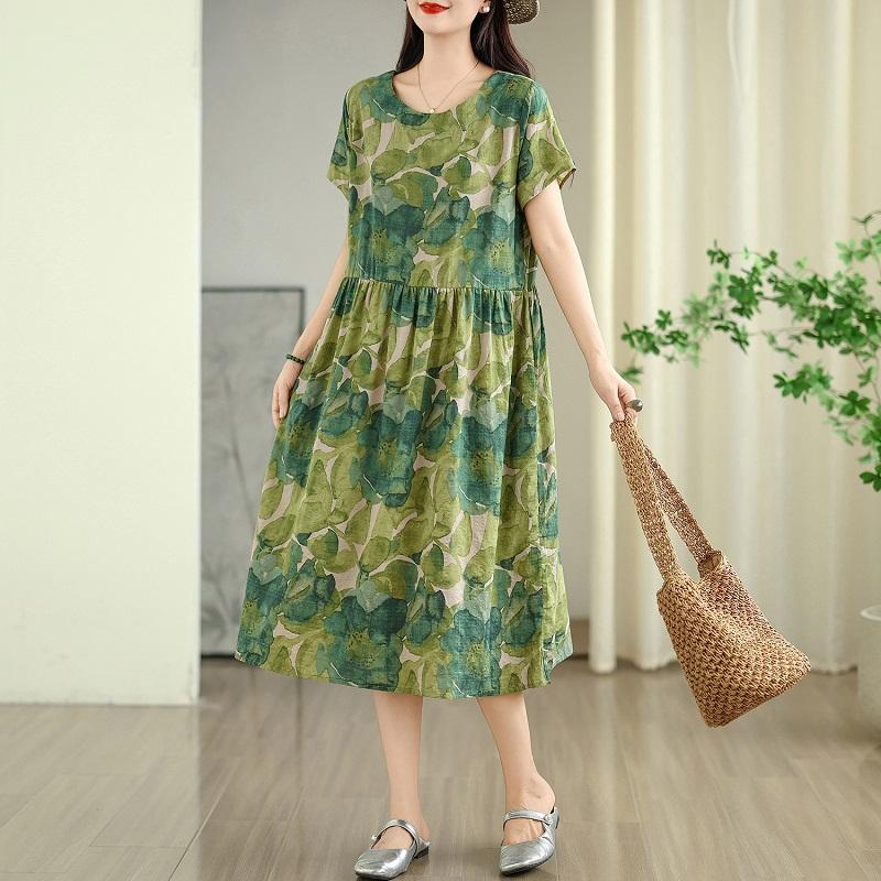 Kurzarm Plus Size Baumwolle Vintage Blumenmuster Neu in Kleidern für Damen lässig locker langes Sommerkleid