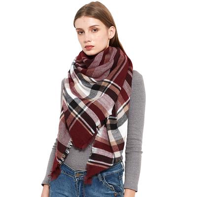 Bufanda de otoño e invierno de hilo fino para mujer, chal de color burdeos, bufanda cuadrada a cuadros grande