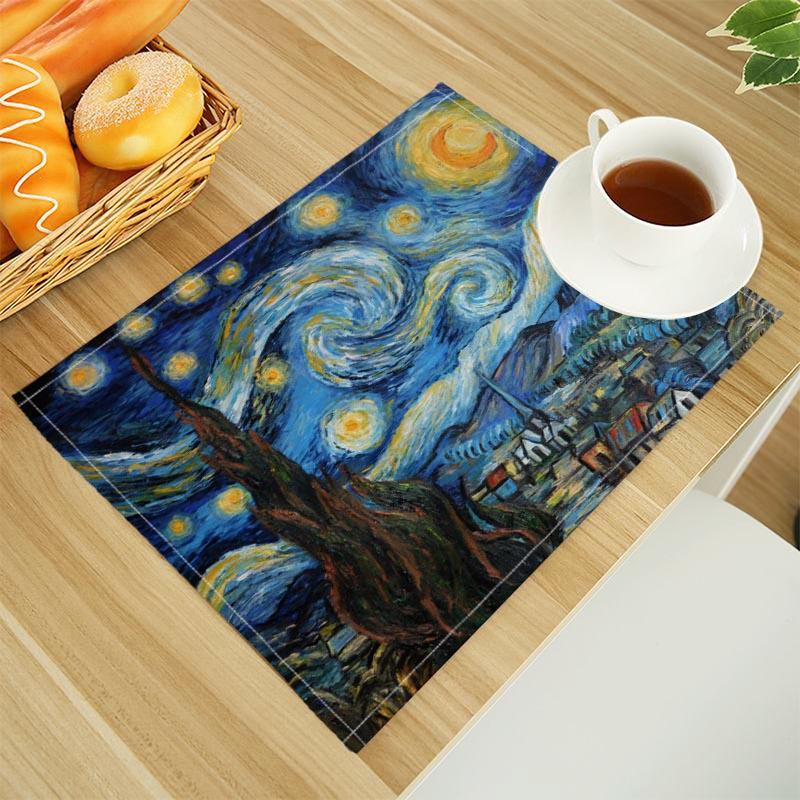 Van Gogh The Starry Night Print Linen Dining Table Mats Alphabet Kitchen Placemat 30X45cm Coasters Pads Bowl Cup Mat