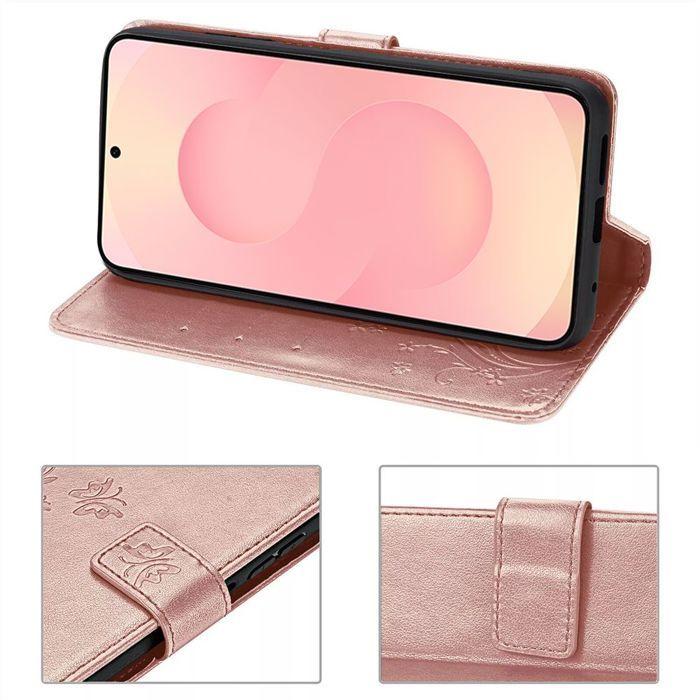Coque de Protection - BOOLING - pour Samsung Galaxy S25 FE - Rabat Antichoc Synthécuir Relief Floral Rose