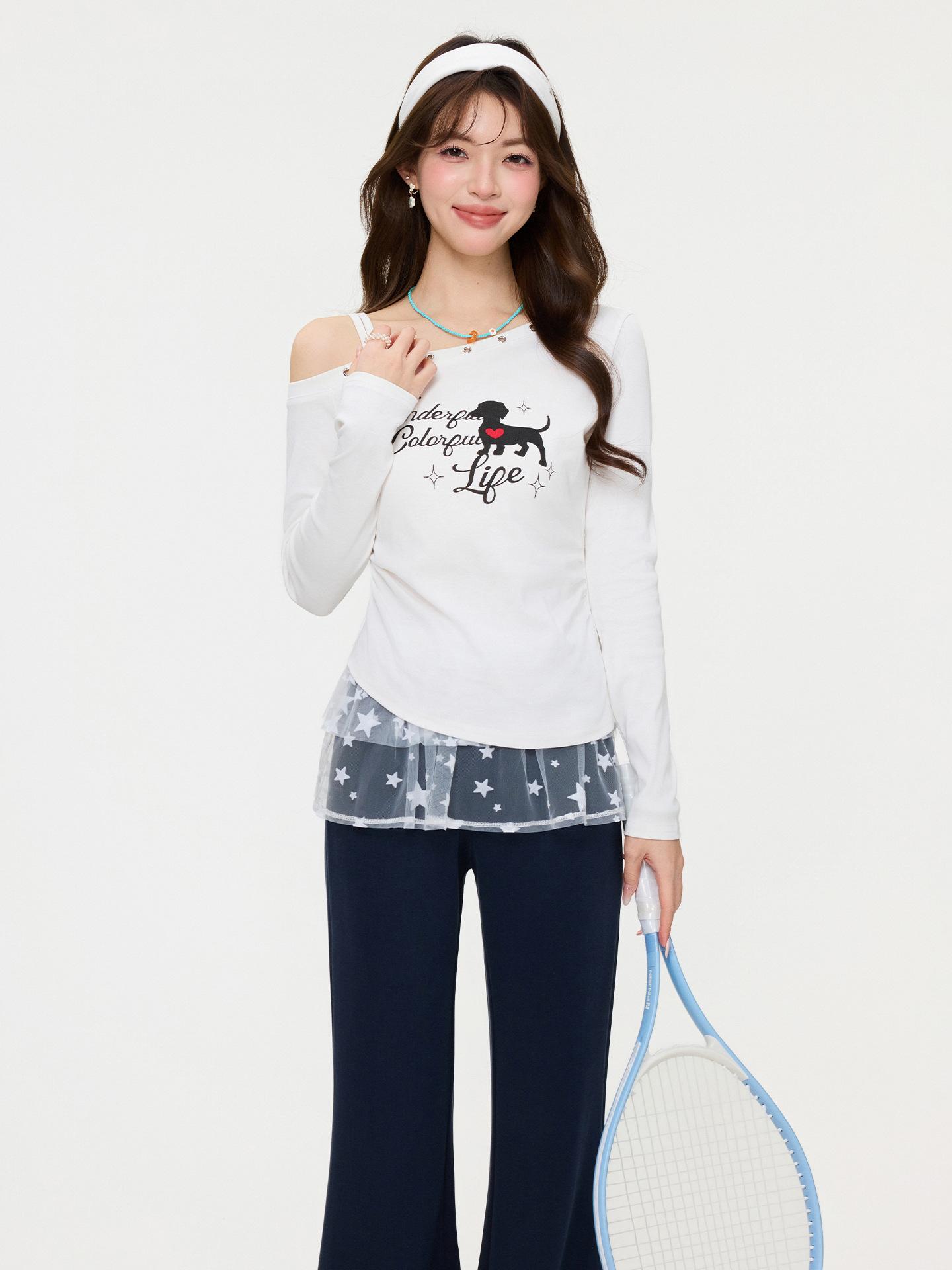 American Spice Girl White Slant Neck Off-Shoulder Long Sleeve T-Shirt Women s Spring Design Niche Pleated Waist Top S белый