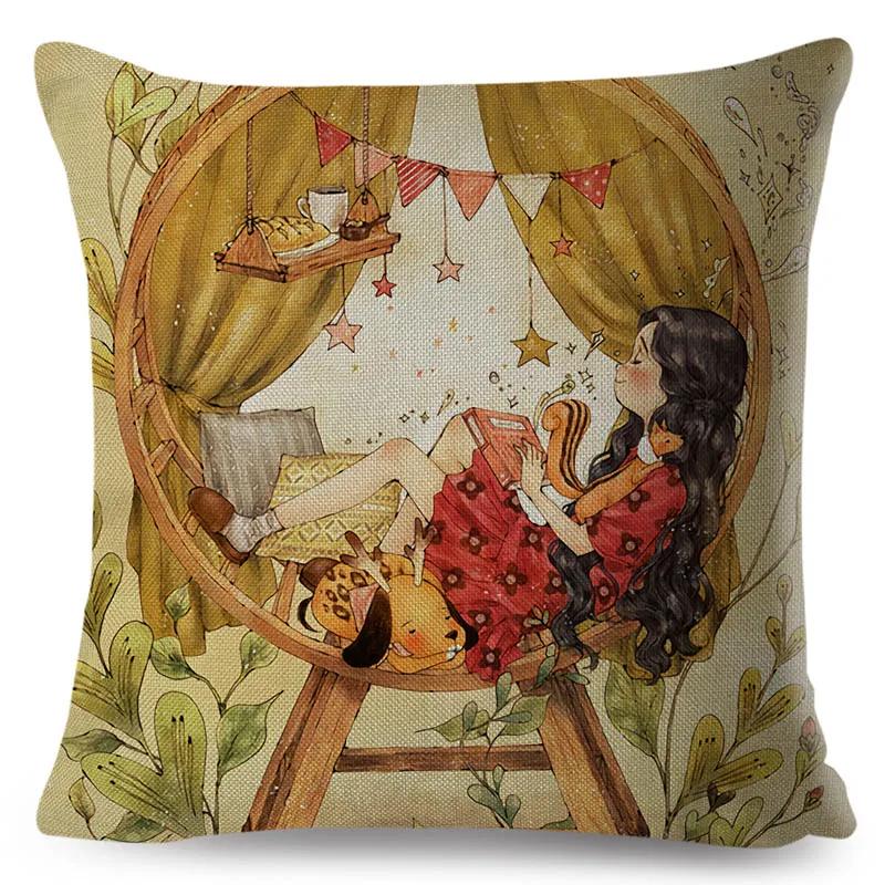 Colorful Cute Cartoon Girl and Pet Dog Fairy Tale World Pillowcase Decor for Sofa Home Pillow Case Polyester Cushion Cover