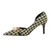 Women's Fashion Shallow Mouth Pointed Head Side Hollow Cloth Plaid Pearl Metal Chain Thousand Bird Check Single High Heel Shoes