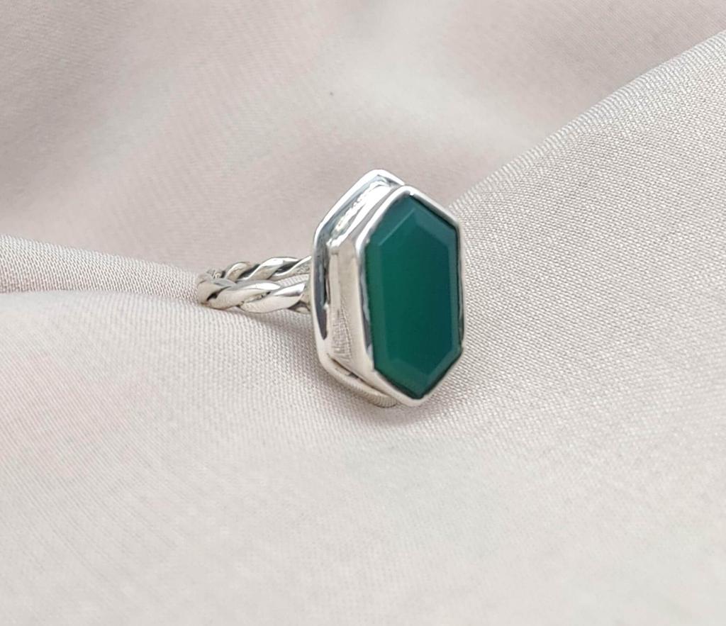 Green Onyx Hexagon Ring: 925 Sterling Silver, Handmade Jewelry