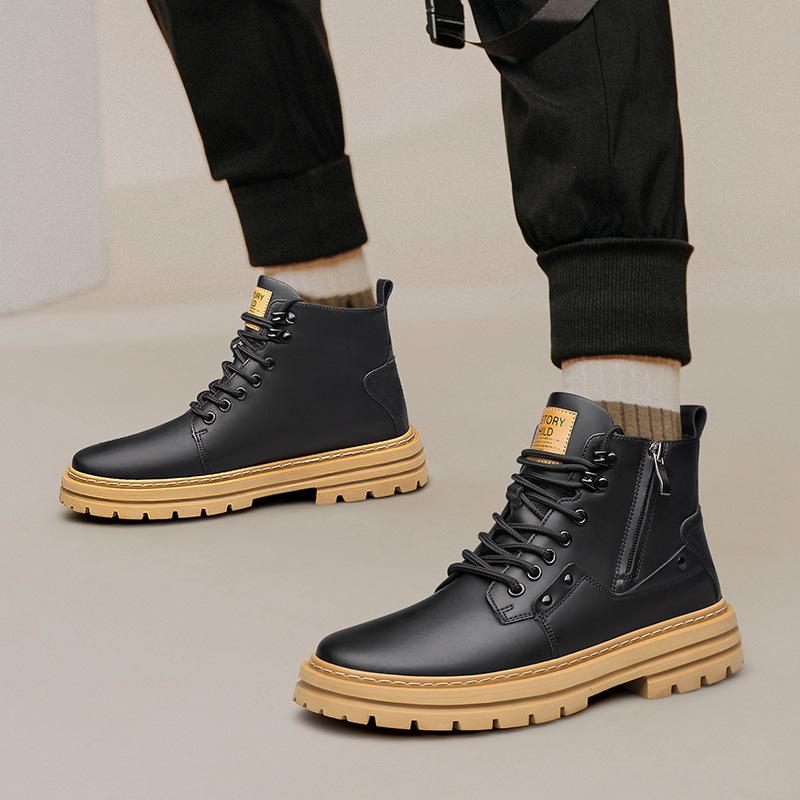 Autumn and winter trend cowhide Martin boots high-top tooling British style invisible inner heightening thick-soled lace-up tooling boots men's boots