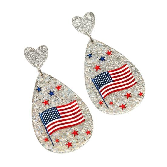 American USA Flag Earrings for Women Patriotic Red White Blue Cubic Zircon Dangle Drop Earrings, 4th of July Independence Day