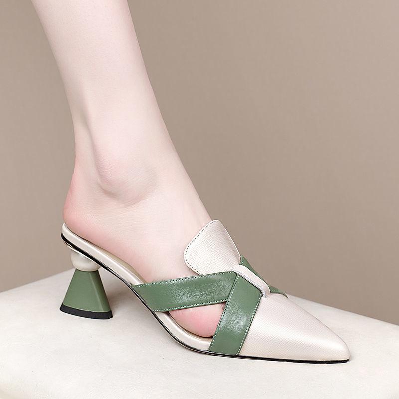 

Fashion Close Pointed Toe Slippers Woman,High Heels Slides,Strange Heel Summer Shoes,Soft Leather,Outside Wearing,BLACK,BEIGE,Dropship 34 бежевый