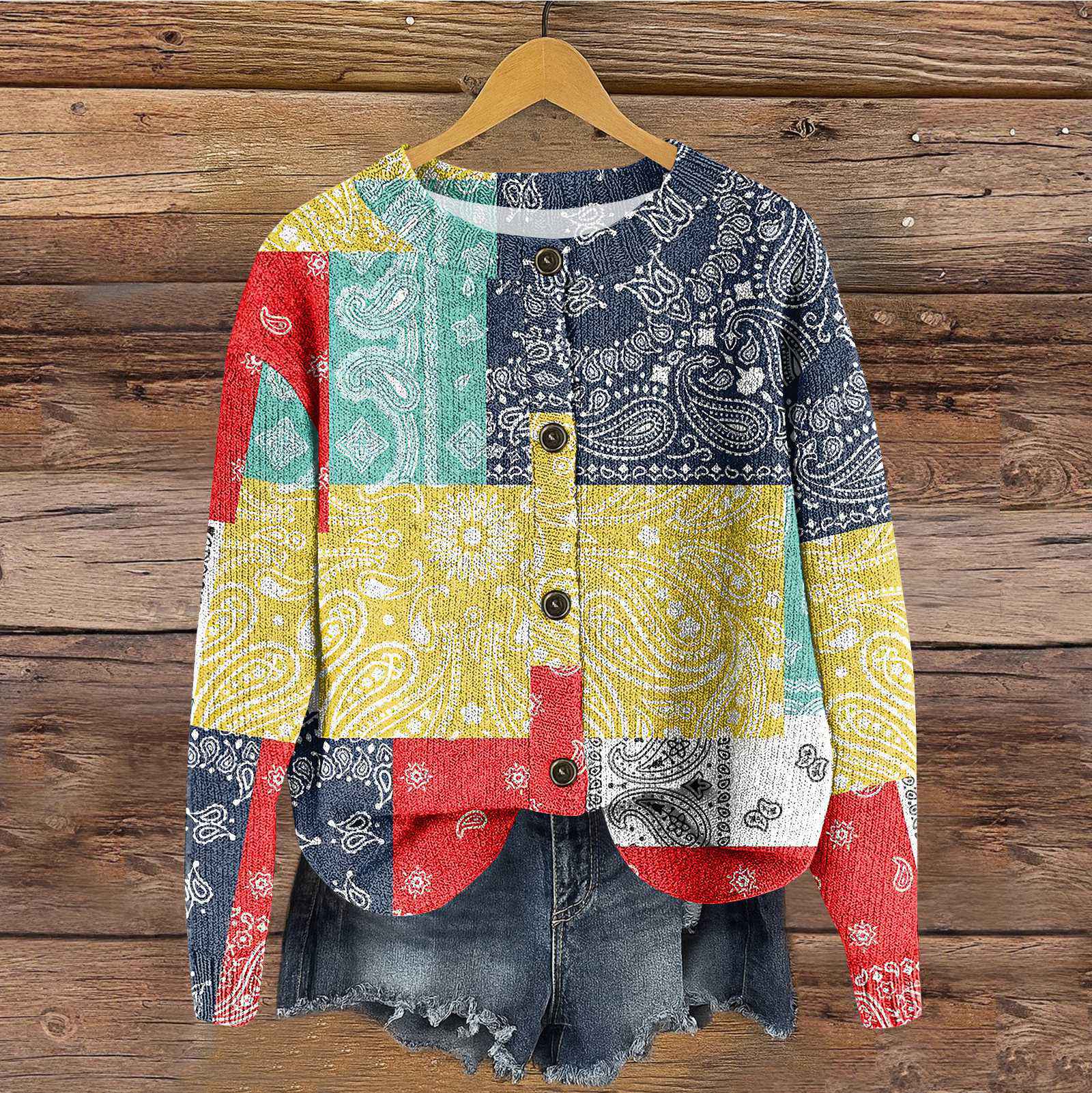 

Женский винтажный вязаный кардиган на пуговицах с винтажным принтом XL жёлтый