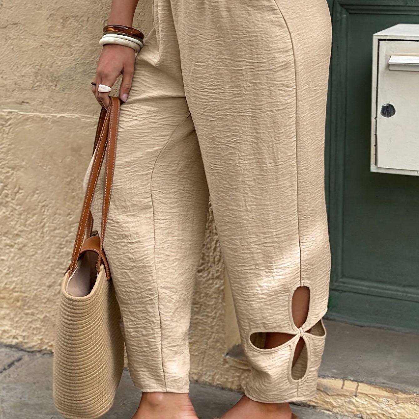 

Plus Size Women s Casual Elastic Waist Pants with Hollowed Cuffs - Spring/Summer Resort Style 1XL хакі