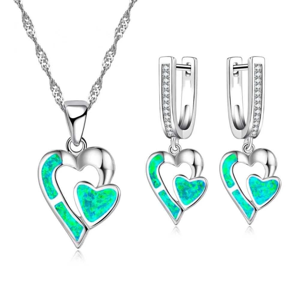 Romantic Double Heart Imitation Blue Fire Opal Pendant Necklace Earrings For Women Wedding Band Jewelry Accessories Set