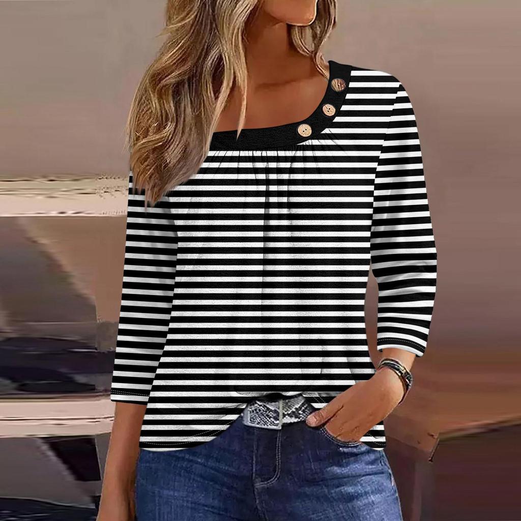 Damen T-Shirt mit Aufdruck, Knopfleiste, 3/4-Ärmel, für den Alltag, Wochenende, modisch, Basic, normale Passform