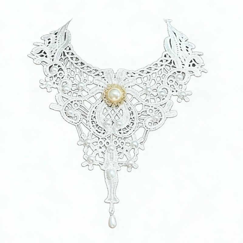 Adjustable Gothic Lace Collar for Women, Ornate White Neckwear with Gold-Tone Center Detail and a Long Drop Pendant for Halloween Cosplay