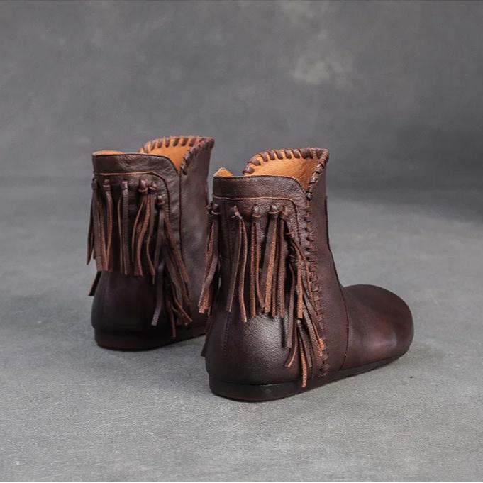 Johnature Retro Short Boots Genuine Leather Versatile Tassel Fashion Comfortable Women's Shoes