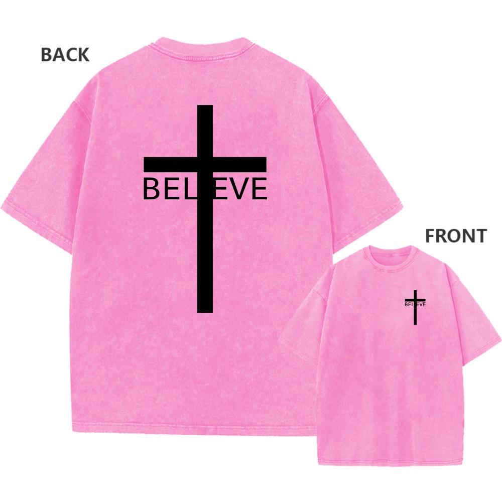 Mens Vintage Oversized Washed TShirt Cotton Cross BELIEVE Faith Casual Tee