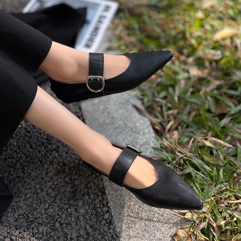 Johnature Retro Mary Jane Pointed Toe Women's Shoes Versatile Genuine Leather Soft Soled Flat Shoes