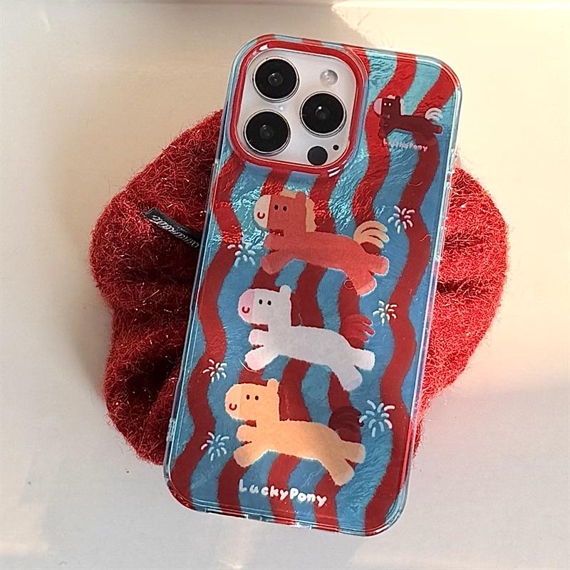 

Wave Pattern Ponies Phone Case for iPhone 17/16 Pro Max/15/14 - Red & Blue Korean-Japanese Design iPhone 16 Pro Max