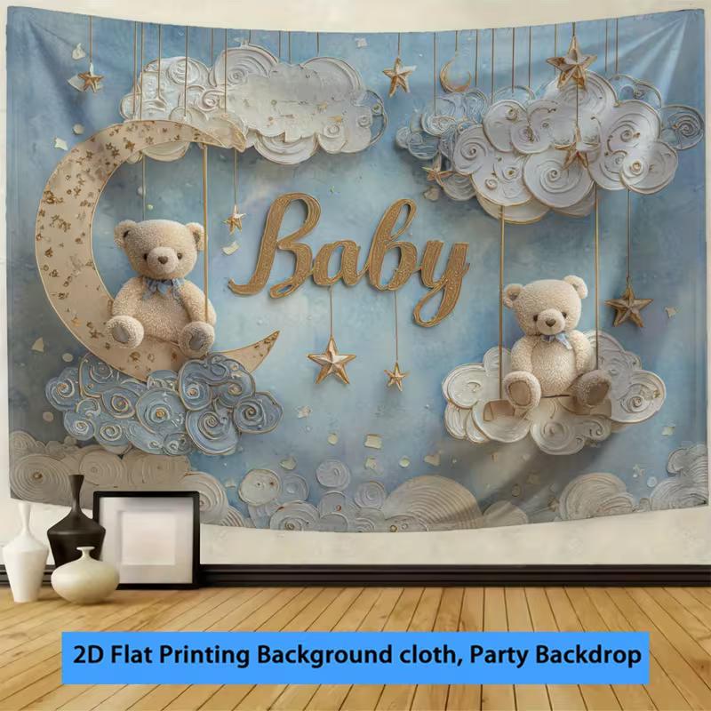 Dwuwymiarowy Neutralny Baner na Baby Shower z Misiem, Gwiazdkami i Chmurkami