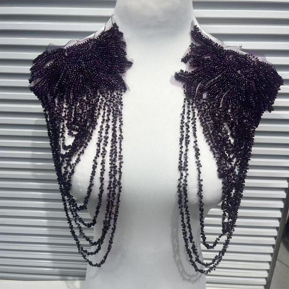 Fringed Design Crystal Beads Patch Removable Decoration Handmade Sewing Sequined Epaulets Beaded Uniform Crystal Bead Detail