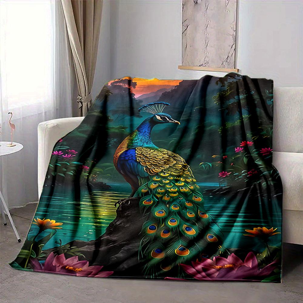 1pc Peacock Nature Scene Blanket, Lightweight Flannel Throw For Sofa, Bed, Travel, Camping, Livingroom, Office, Couch, Chair, And Bed,