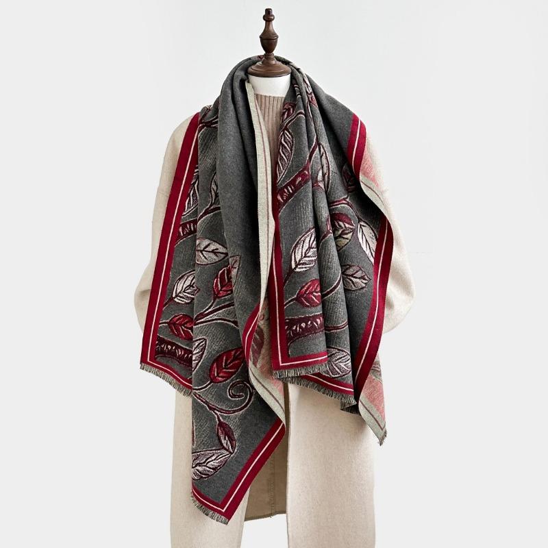 Autumn and Winter Retro Leaf Mother Scarf Imitation Cashmere Jacquard Four Shuttle Scarf Women's Warm Thickened Scarf Shawl