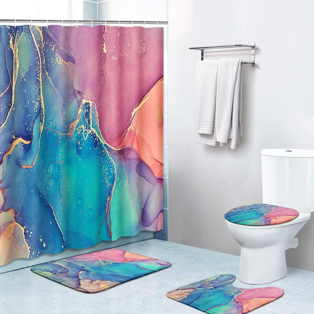 Britimes 4 Pcs Shower Curtain Set, Pink and Green Marble Texture Abstract Shower Curtain with Non-Slip Rugs, Toilet Lid Cover and Bath Mat, Bathroom