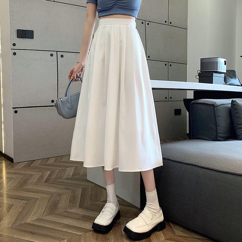 White Pleated A-line Summer Midi Skirt for Women - Slimming and Trendy High Waist Umbrella Design, 2025 New