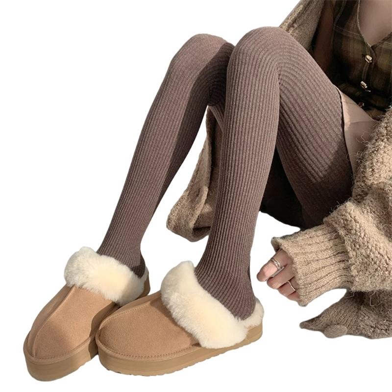 Women Vintage Slim Stockings Solid Color Thicken Ribbed Striped Pantyhose Tights