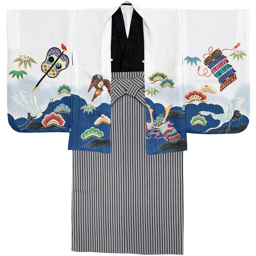 Shichigosan Boy 5 Years Old Kimono and Hakama Set Striped Hakama String Length Crane Kabuto White Navy Striped [KYOETSU] [Kyoetsu] (Hakama 60cm, -