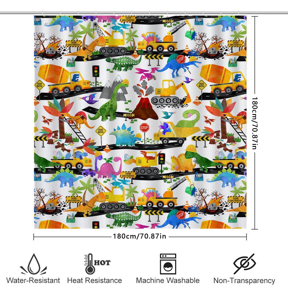Animal Construction Shower Curtain Dinosaur Decor For Kids Bathroom Waterproof Fabric With Stop Sign Design Unique Home Accessor