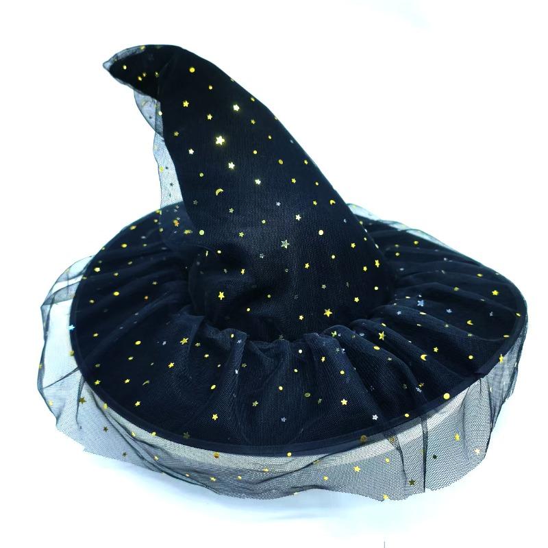 Halloween Witch Hat with Curved Brim & Crinkle Velvet, Gothic Mesh Veil for Women Warlock Costume Accessory Fabric Material