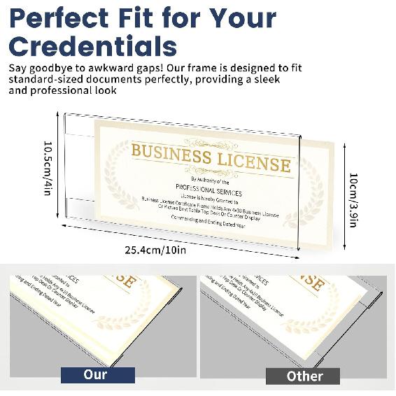 Business License Frame 2pcs, 4x10 Acrylic Business Certificate Holder for Wall with Tape No Drilling, License Holder for Cosmetology Salon Barber