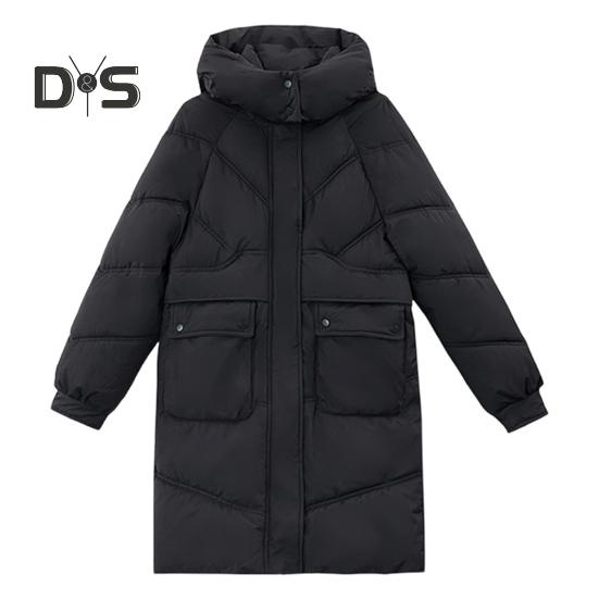 Winter Down Coat Neck Protection Stand Collar Padded Hooded with Pockets Zip-up Parka Windproof Heat Retention Daily Cold Weather Outwear Cotton