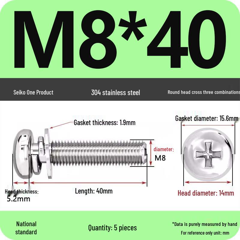 304 Stainless Steel Phillips Round Head Screw with Flat Washer M3/M4/M5/M6