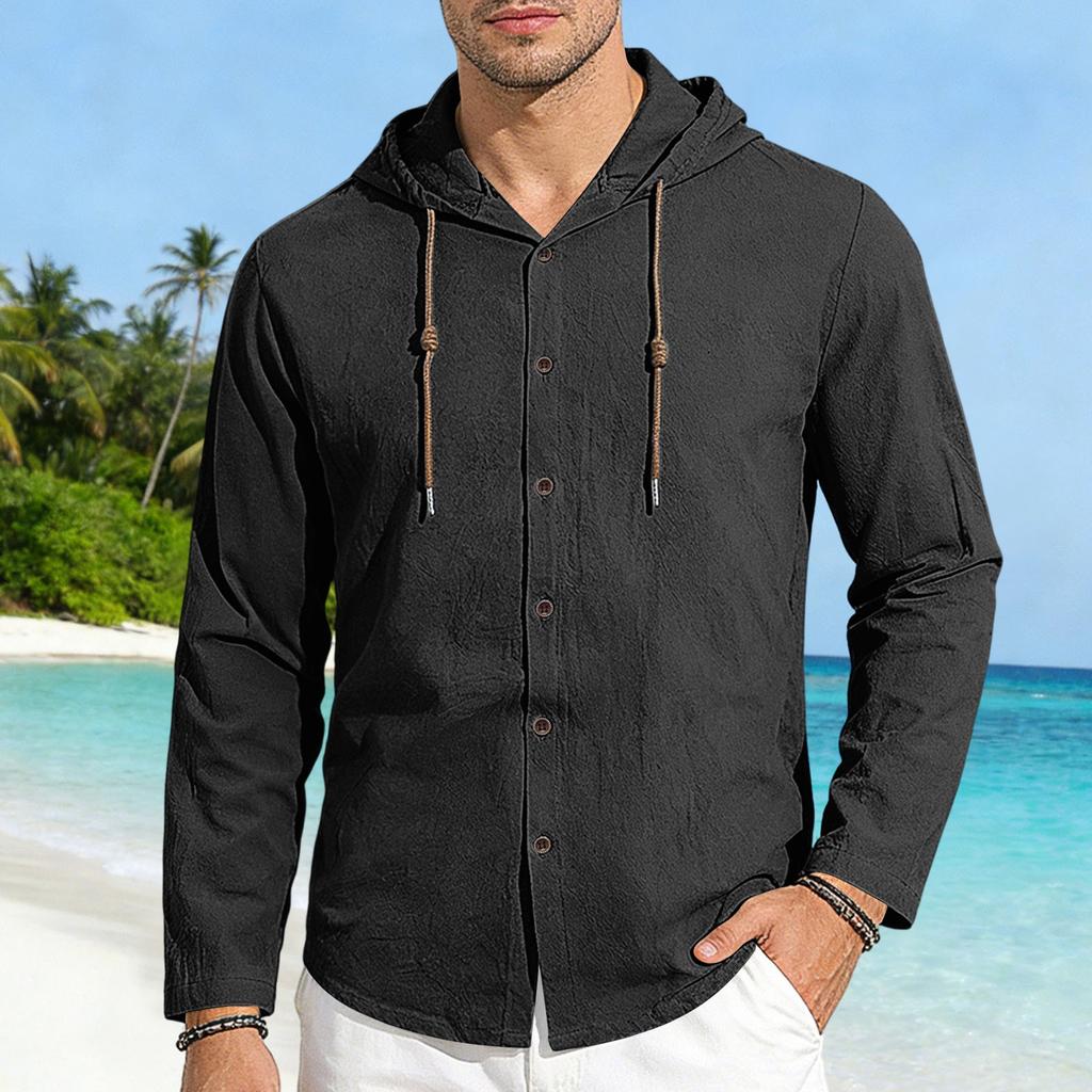 Men's Casual Hooded Long Sleeve Shirt Button Down Lightweight Breathable Loose Fit Oversized Cotton Shirt for Outdoor Sports