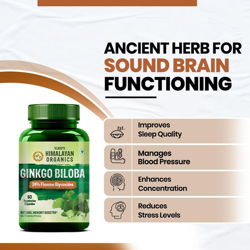 Vlado’s Himalayan Organics Ginkgo Biloba 500mg With Brahmi Capsules for Focus, Memory & Energy, 60 Veg Capsules
