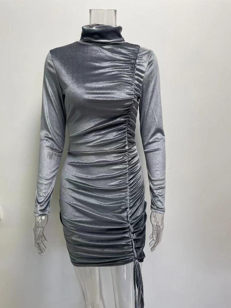 Winter Suede High Neck Dress Female Long Sleeve Sexy Tight Fitting Hip Party Dress