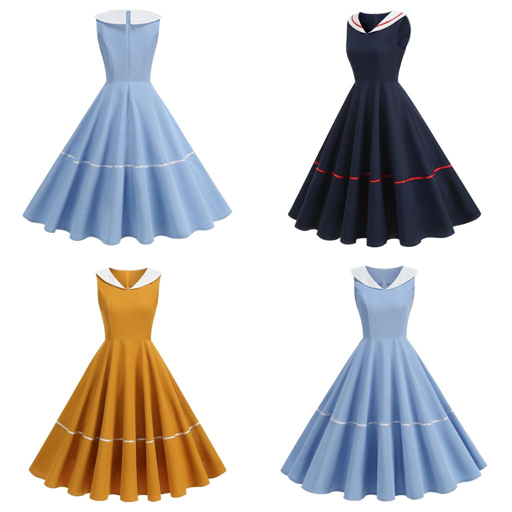 Vintage Navy Style Maxi Dress With Color Block Details For Casual Travel