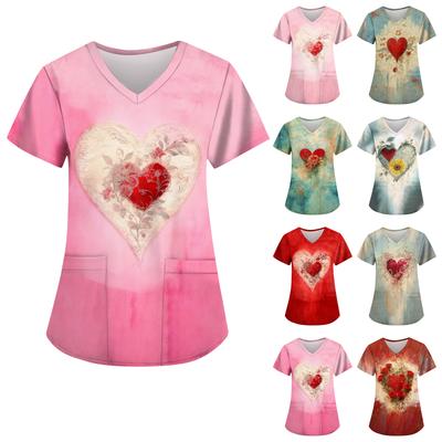 Moda Feminina Tops Estampados de Manga Curta com Decote em V e Bolso Camisetas de Trabalho