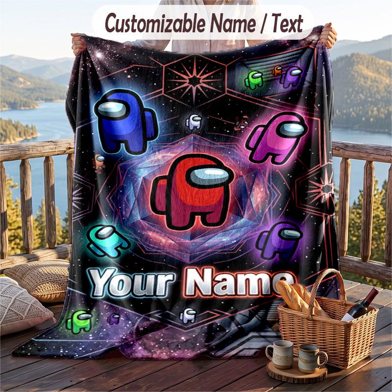 Among Us Flannel Blanket, Personalized Custom Name Text, Soft Warm Plush Throw Blanket For Gift
