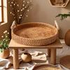 1pc Artisanal Woven Rattan Serving Tray - Dual Handles, Multipurpose Tea and Snack Presentation Platter, Ideal Bread Basket With